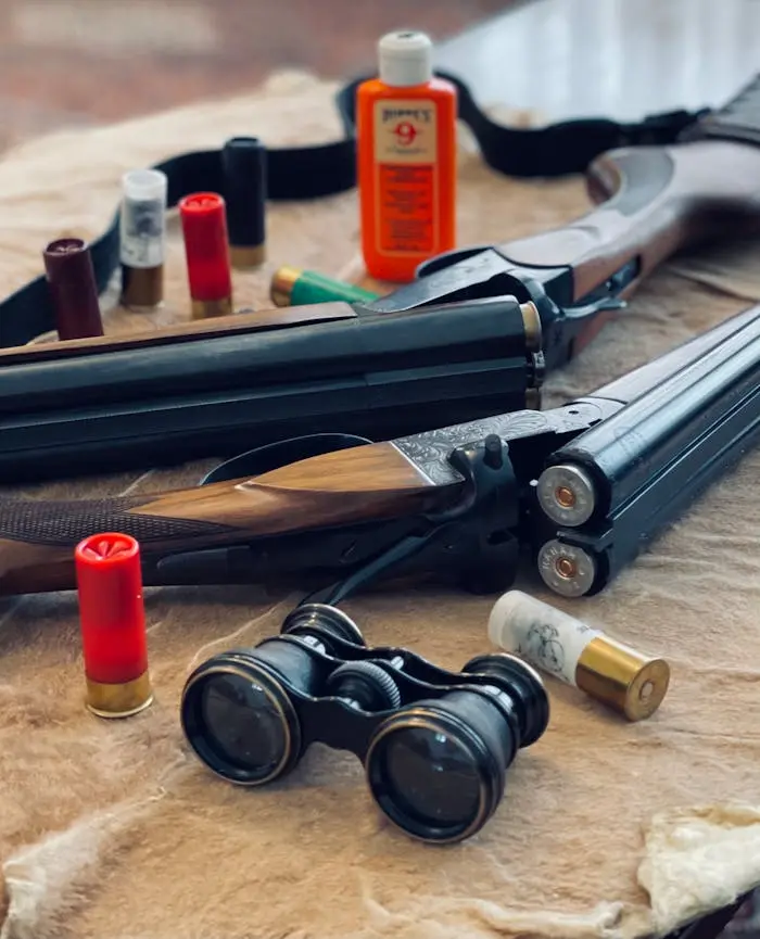 Shotgun sporting equipment and hearing protection on a table
