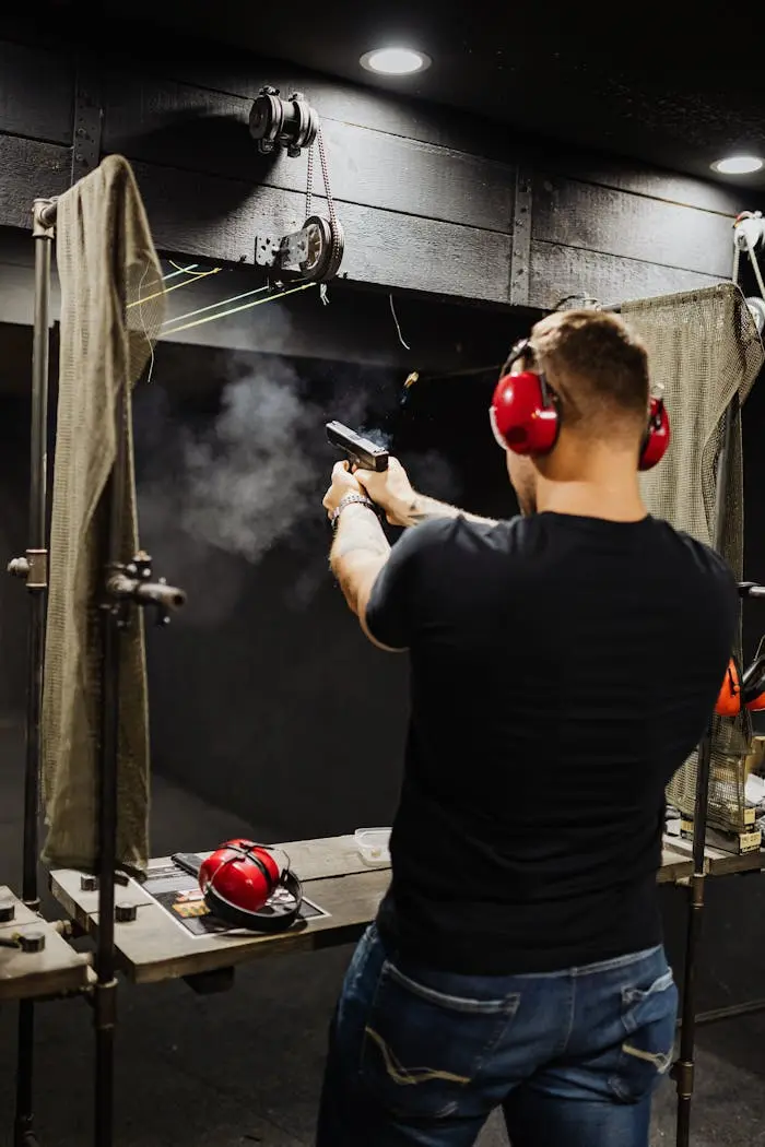 A supervised shooter practicing at an indoor range