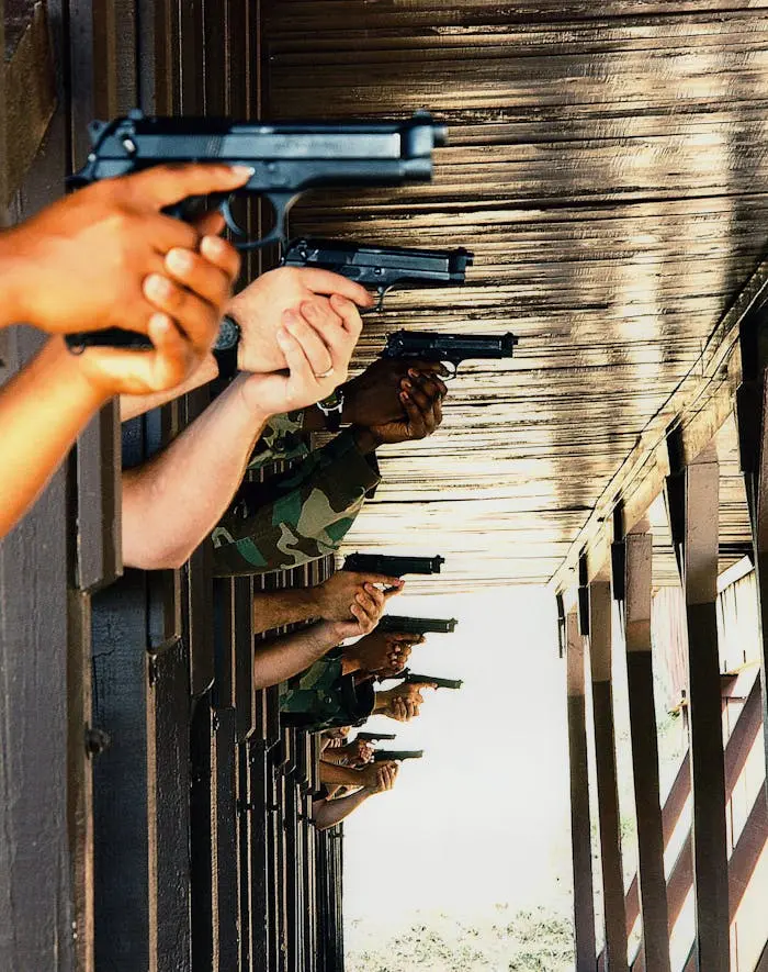 Students practicing safe handgun technique on an outdoor firing line